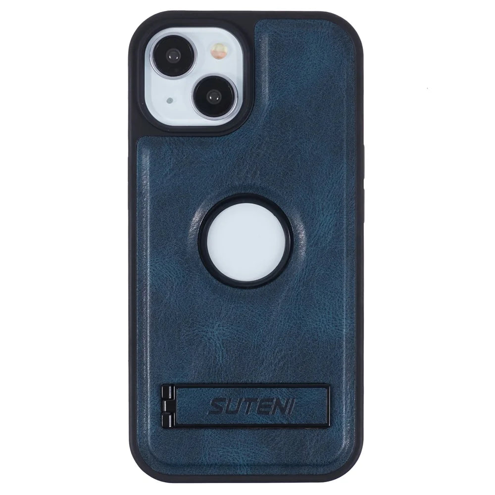 SUTENI G2 For iPhone 15 Plus Magnetic Case Leather Phone Back Cover Waxy Texture Kickstand - Blue - 3