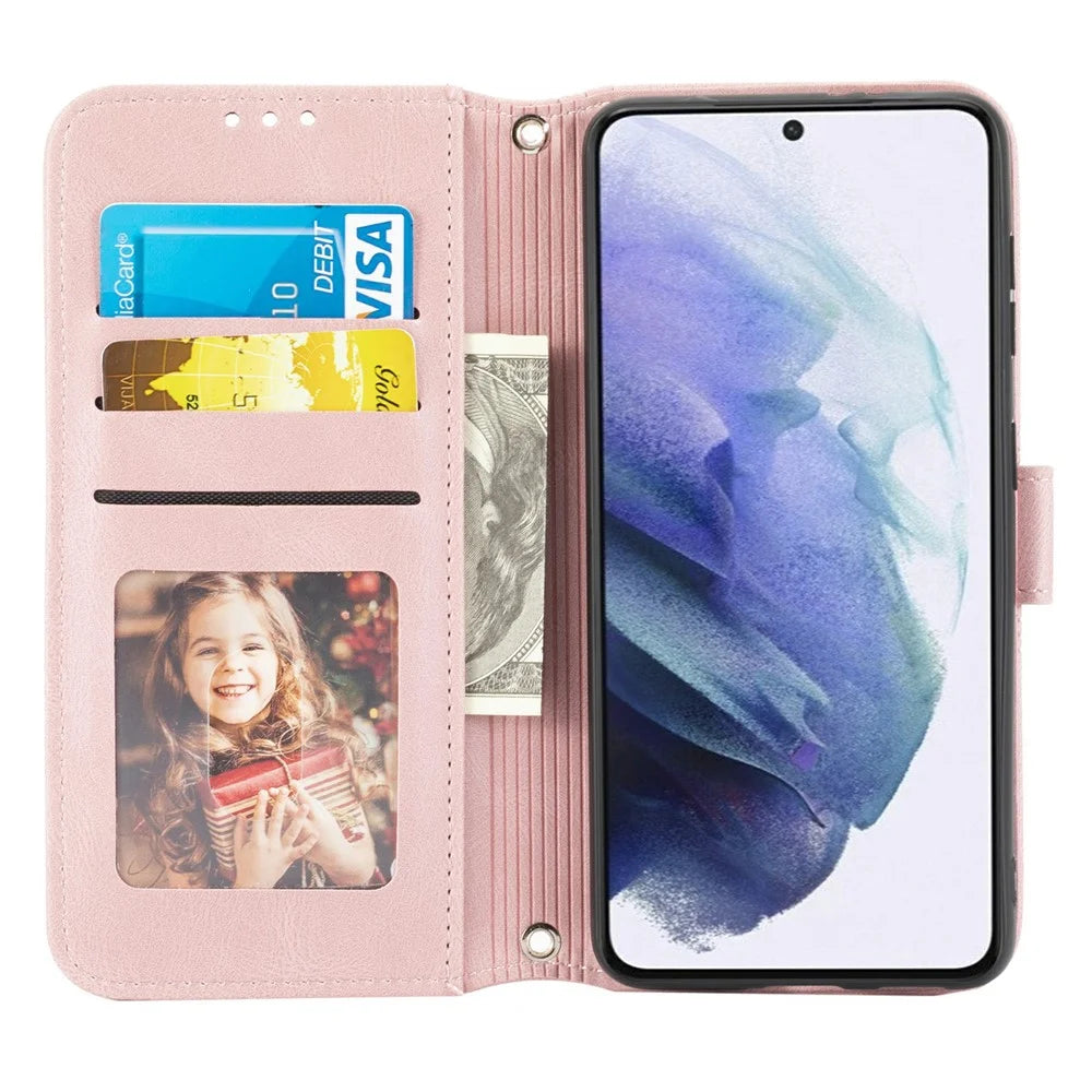 For Samsung Galaxy S25 Case Wallet Skin-Touch Leather Imprinted Phone Cover - Pink - 4