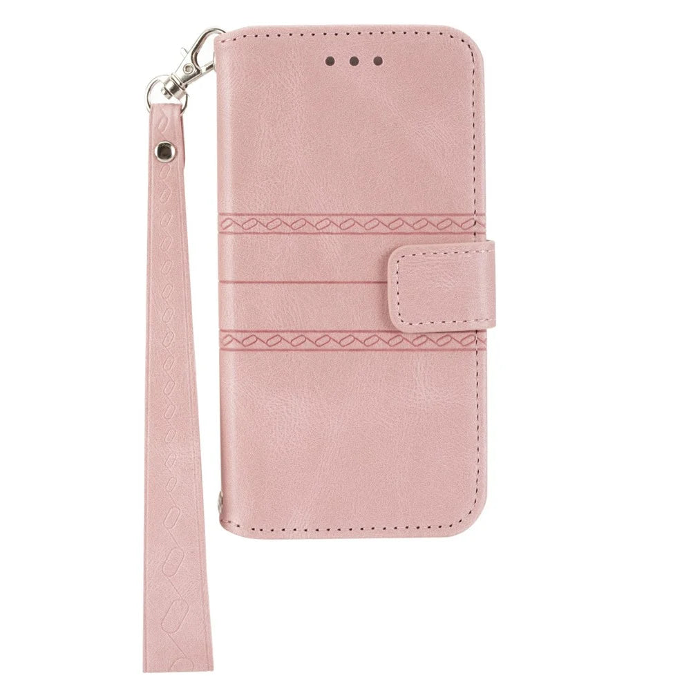 For Samsung Galaxy S25 Case Wallet Skin-Touch Leather Imprinted Phone Cover - Pink - 7