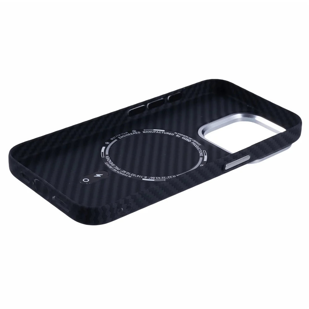 For iPhone 14 Pro Case Compatible with MagSafe Carbon Fiber Texture Water-Transfer PC Phone Cover - Black - 5
