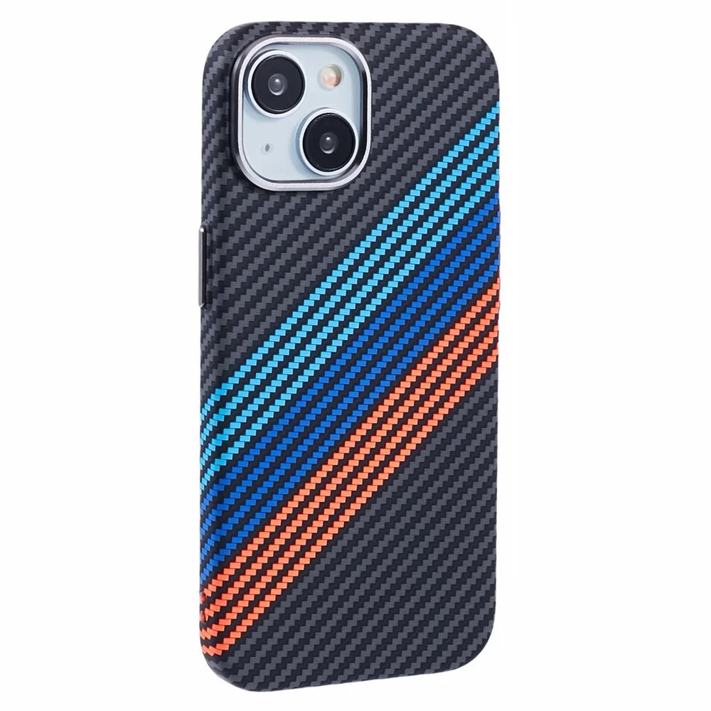 For iPhone 13 Case Compatible with MagSafe Carbon Fiber Texture Water-Transfer PC Phone Cover - Baby Blue+Dark Blue+Red - 1