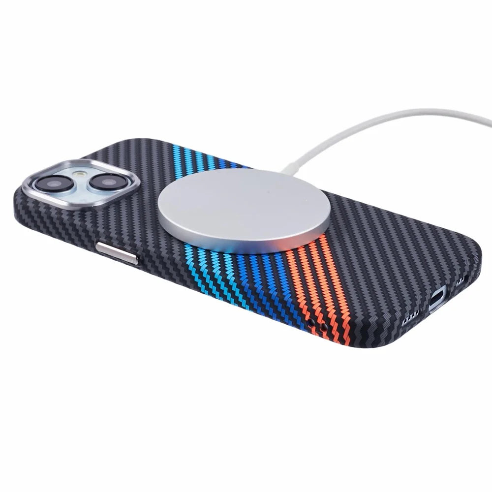 For iPhone 13 Case Compatible with MagSafe Carbon Fiber Texture Water-Transfer PC Phone Cover - Baby Blue+Dark Blue+Red - 4