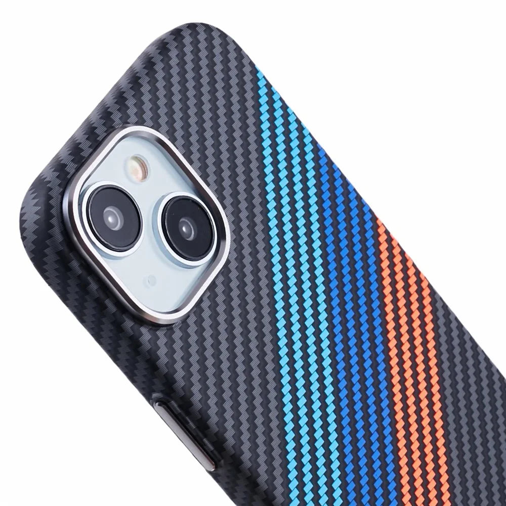 For iPhone 13 Case Compatible with MagSafe Carbon Fiber Texture Water-Transfer PC Phone Cover - Baby Blue+Dark Blue+Red - 7