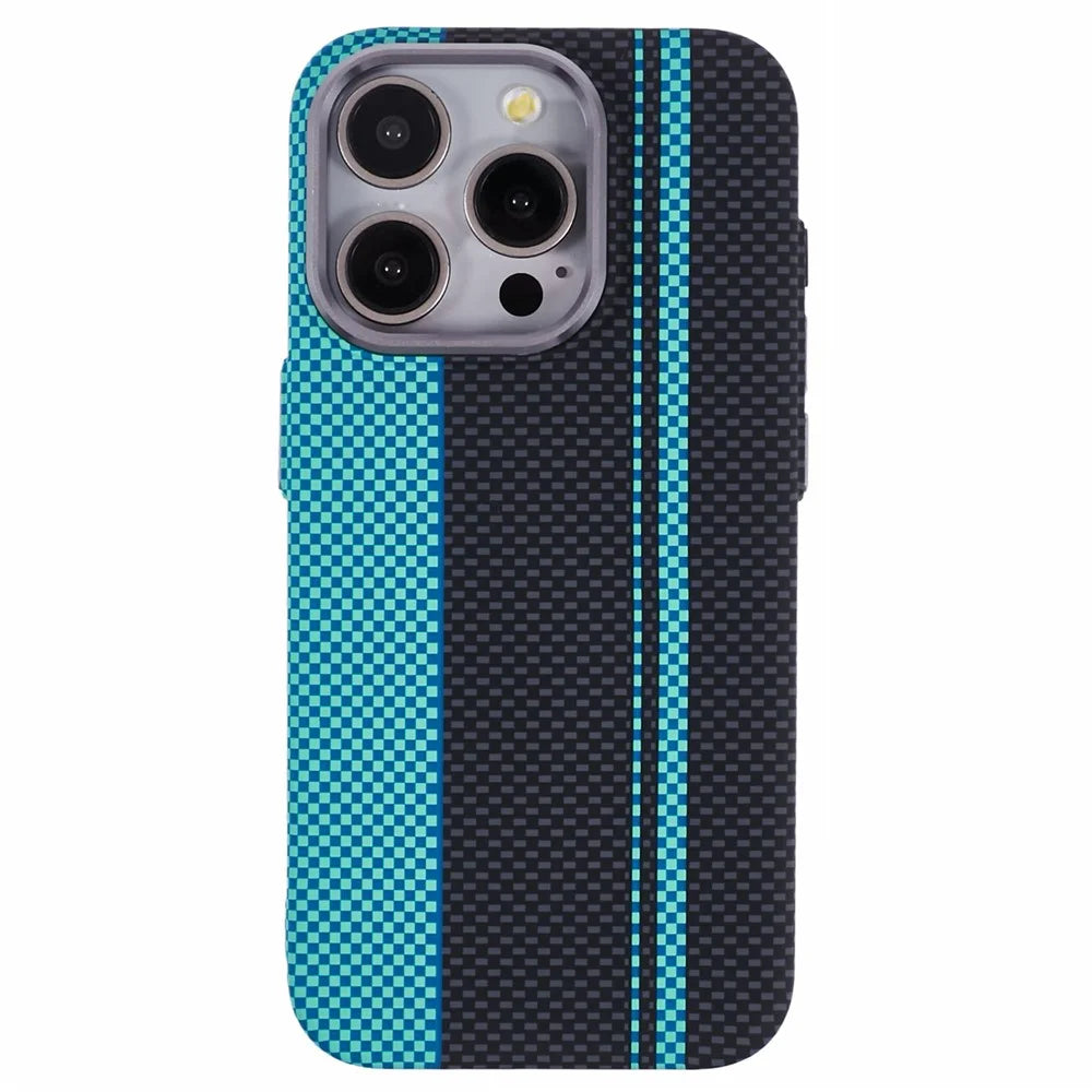 For iPhone 13 Pro Case Compatible with MagSafe Carbon Fiber Texture Water-Transfer PC Phone Cover - Blue+Black Stripes - 3