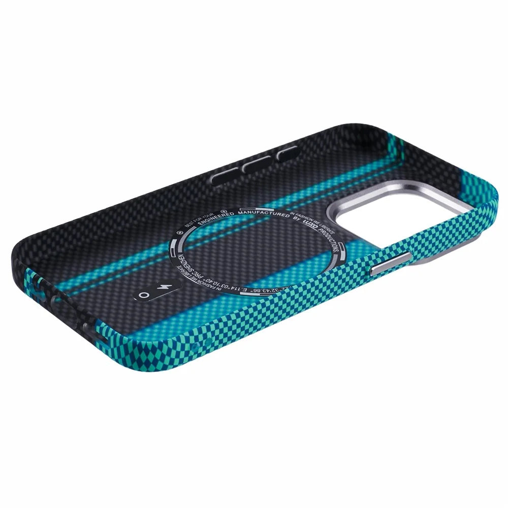 For iPhone 13 Pro Case Compatible with MagSafe Carbon Fiber Texture Water-Transfer PC Phone Cover - Blue+Black Stripes - 5