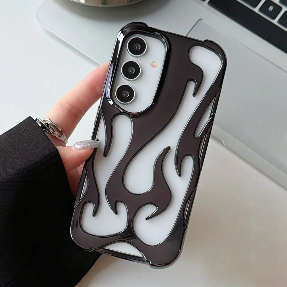 For Samsung Galaxy S24 Case Hollow Flame Design Electroplated TPU Phone Cover - Black - 1