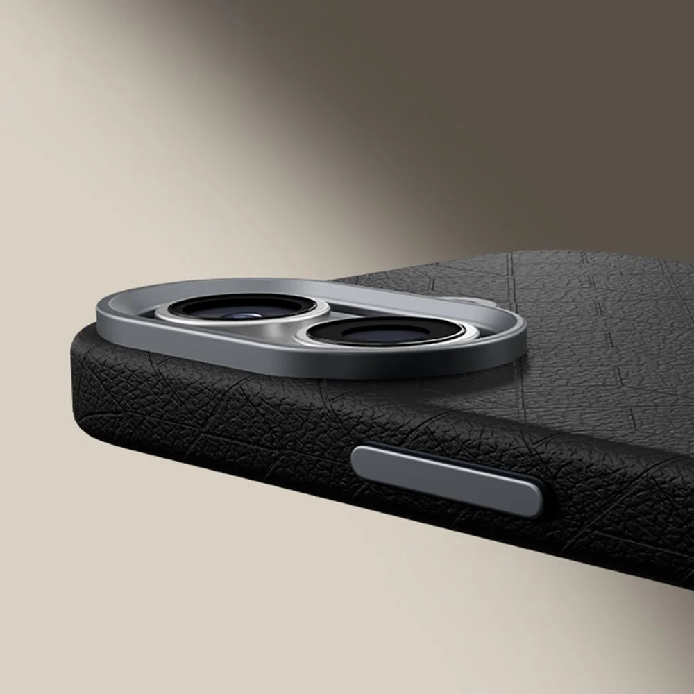 For iPhone 16 Case Compatible with MagSafe Metal Lens Frame Y Pattern PC+PU Phone Cover - Black - 5
