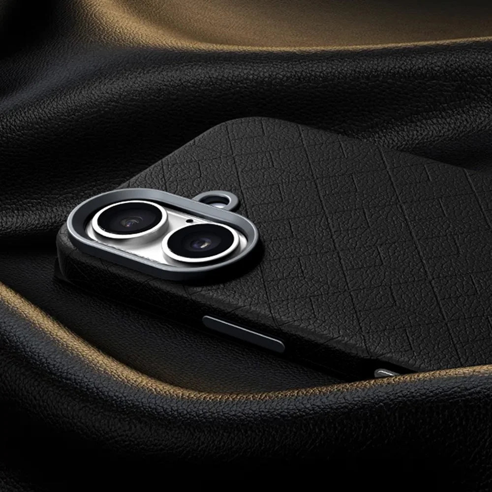 For iPhone 16 Case Compatible with MagSafe Metal Lens Frame Y Pattern PC+PU Phone Cover - Black - 6