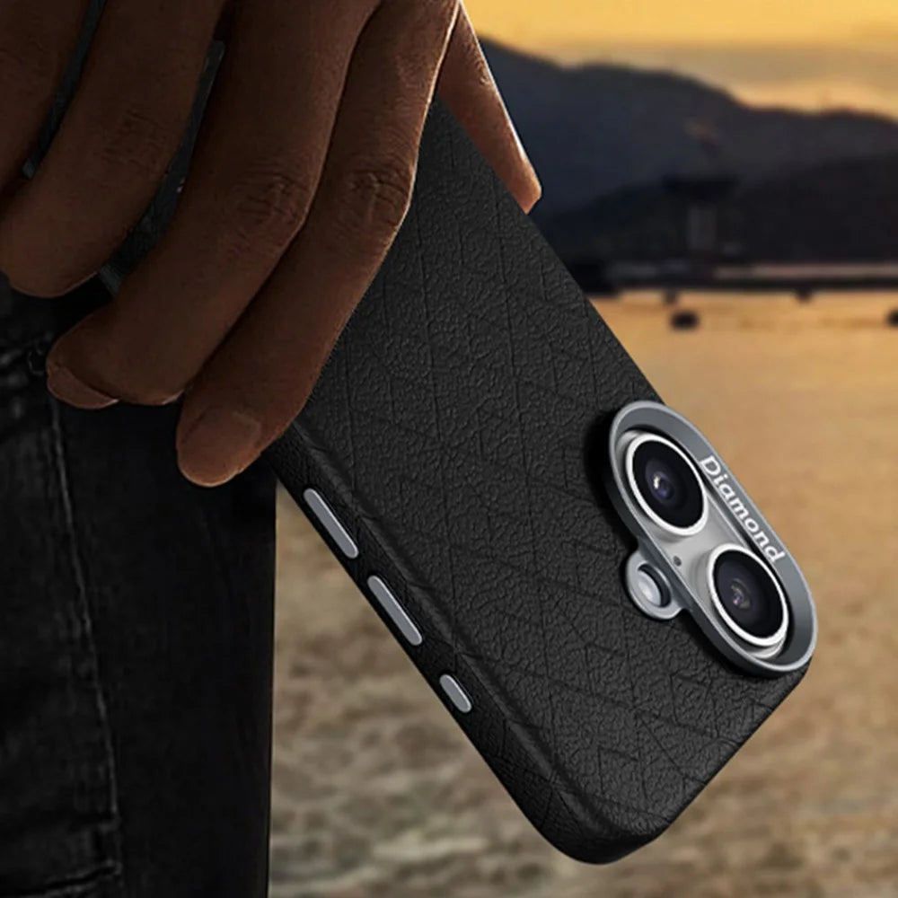 For iPhone 16 Case Compatible with MagSafe Metal Lens Frame Y Pattern PC+PU Phone Cover - Black - 7