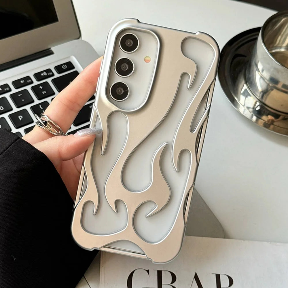 For Samsung Galaxy S24 Case Hollow Flame Design Matte TPU Phone Cover - Silver - 1