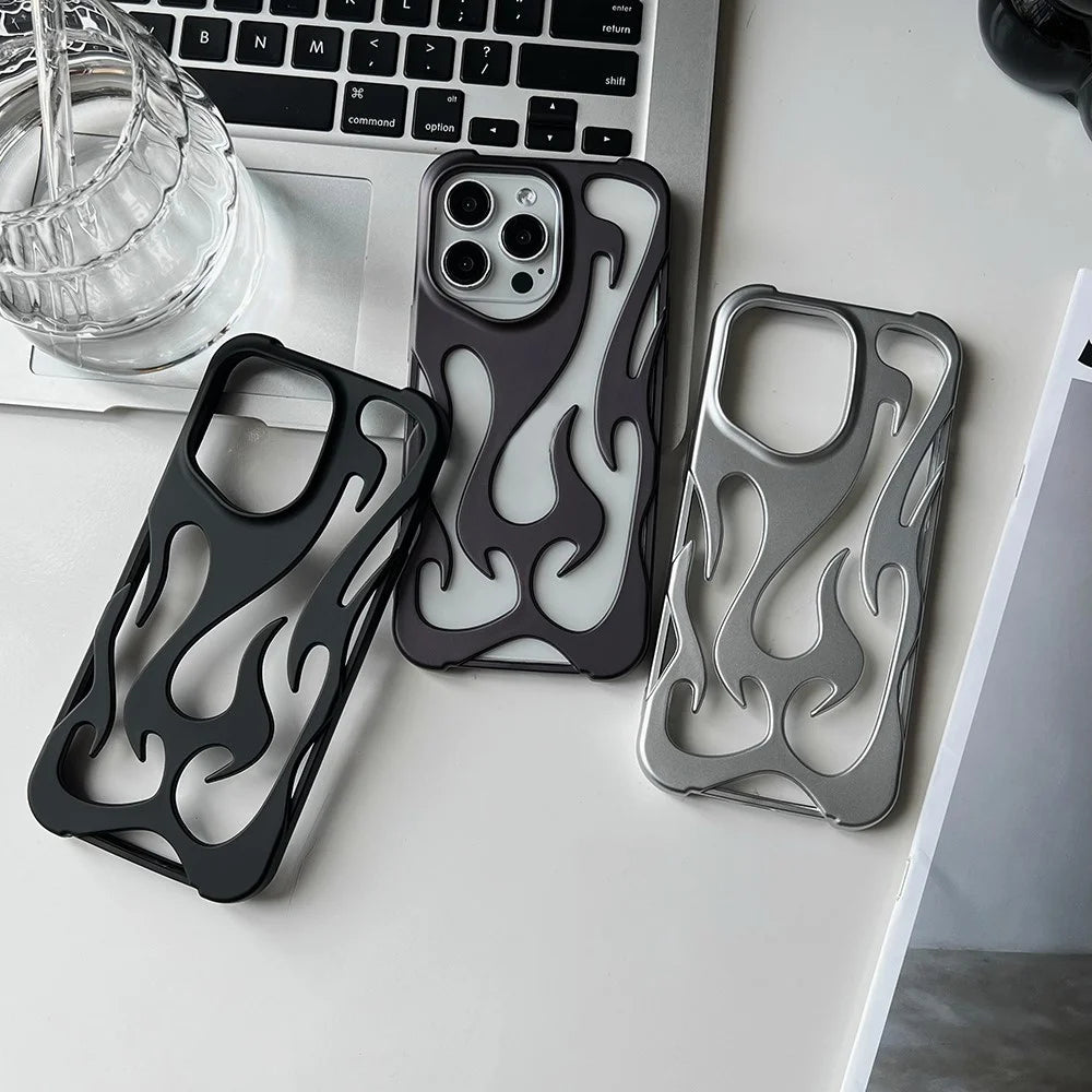 For iPhone 16 Pro Max Case Hollow Flame Design Matte TPU Phone Cover - Black - 7