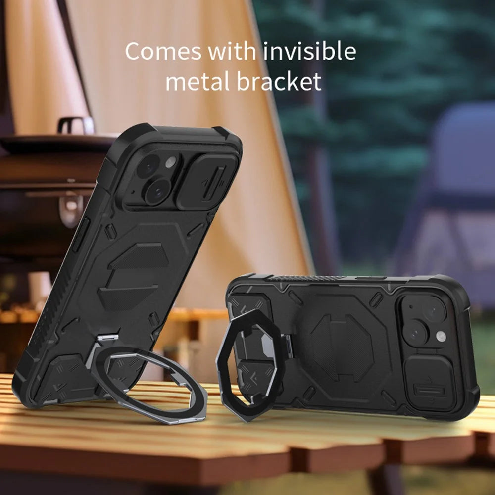For iPhone 15 Case Compatible with MagSafe PC+TPU Kickstand Phone Cover with Lanyard - Black - 3
