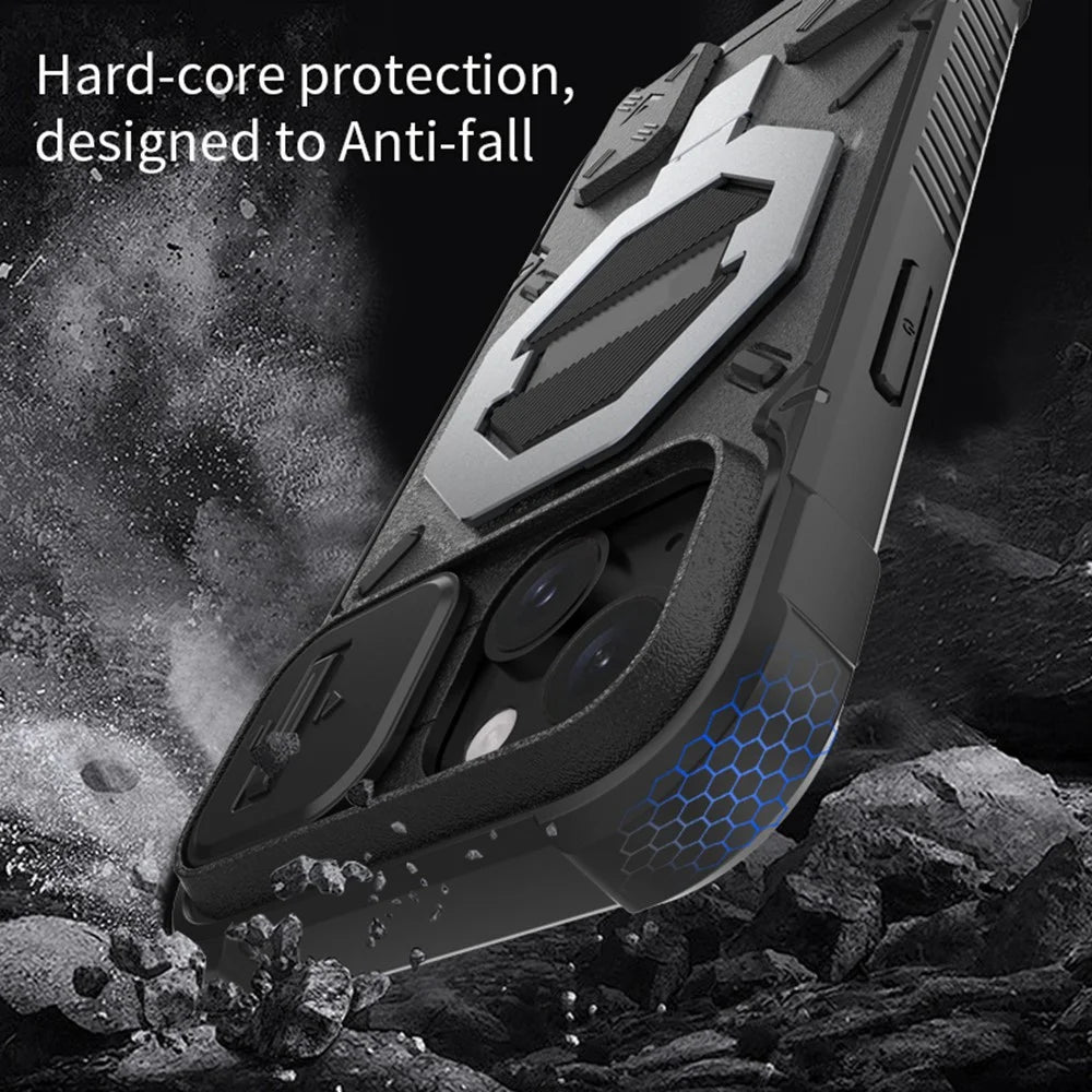For iPhone 15 Case Compatible with MagSafe PC+TPU Kickstand Phone Cover with Lanyard - Black - 6