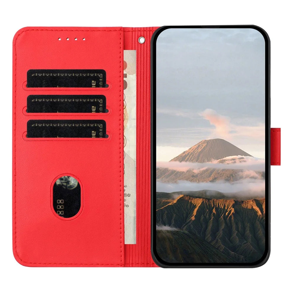 YX0090 For iPhone 16 Pro Max Case Triangle Imprint Leather Phone Cover with Lanyard - Red - 2