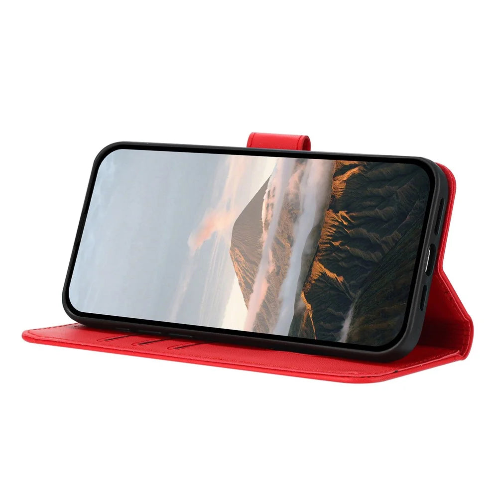 YX0090 For iPhone 16 Pro Max Case Triangle Imprint Leather Phone Cover with Lanyard - Red - 3