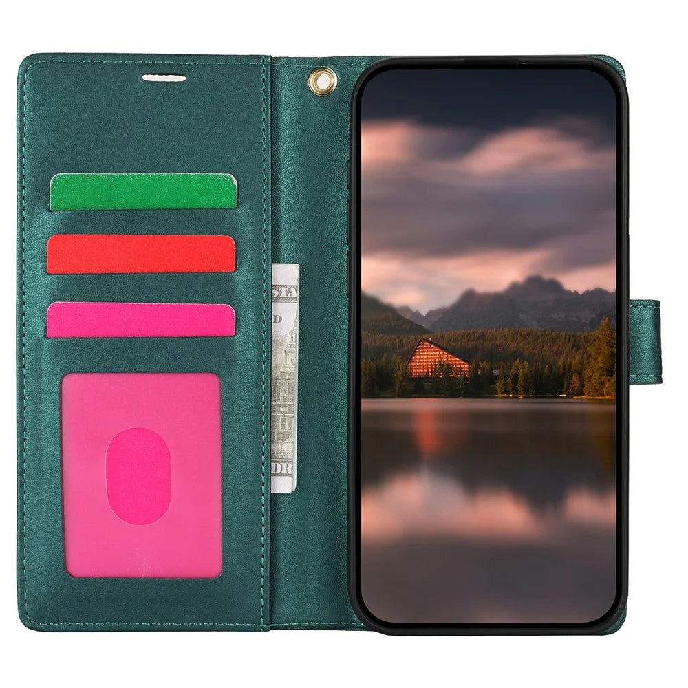 For iPhone 15 Pro Max Case with Hand Strap Flower Imprint Leather Wallet Phone Cover - Green - 2
