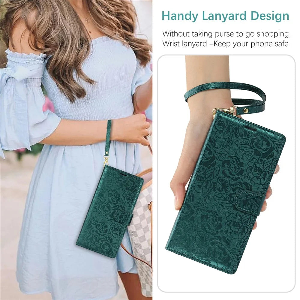 For iPhone 15 Pro Max Case with Hand Strap Flower Imprint Leather Wallet Phone Cover - Green - 6