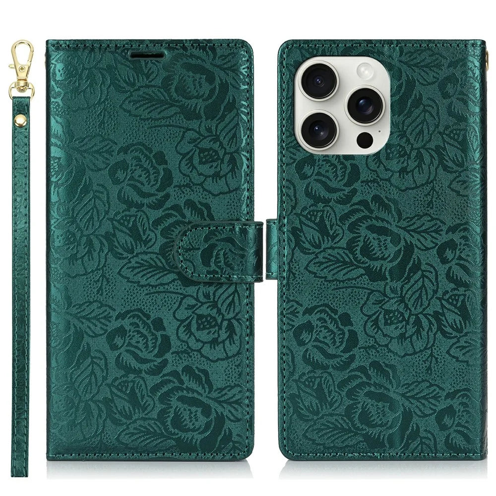 For iPhone 14 Pro Max Case with Hand Strap Flower Imprint Leather Wallet Phone Cover - Green - 1