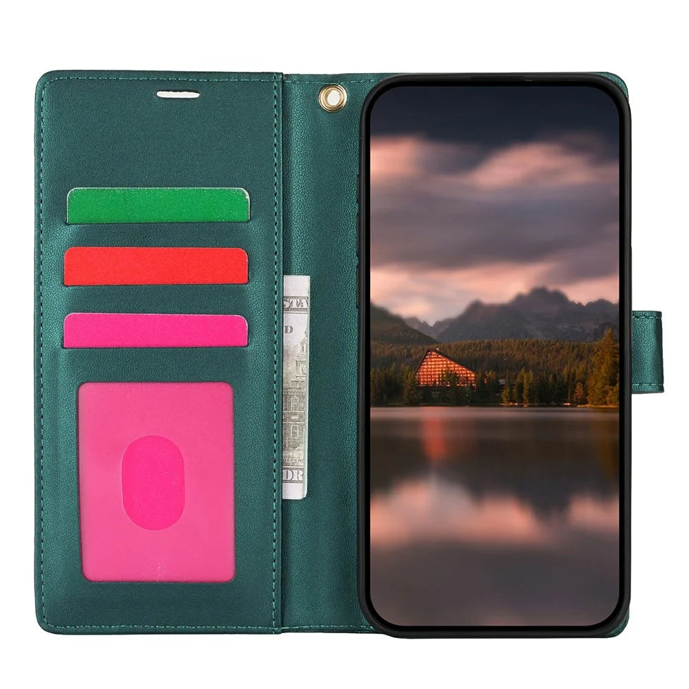 For iPhone 14 Pro Max Case with Hand Strap Flower Imprint Leather Wallet Phone Cover - Green - 2