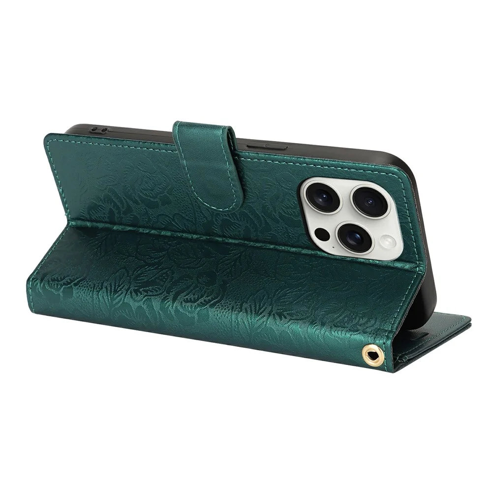 For iPhone 14 Pro Max Case with Hand Strap Flower Imprint Leather Wallet Phone Cover - Green - 3