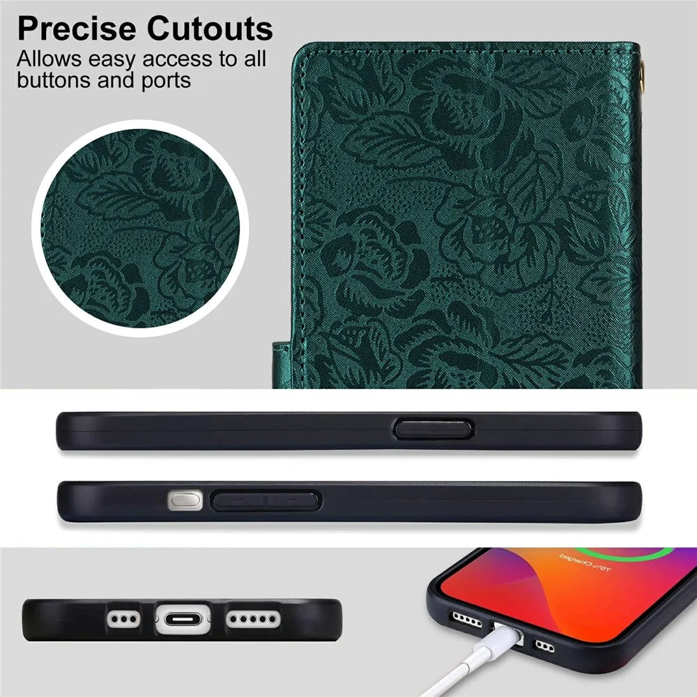 For iPhone 14 Pro Max Case with Hand Strap Flower Imprint Leather Wallet Phone Cover - Green - 7