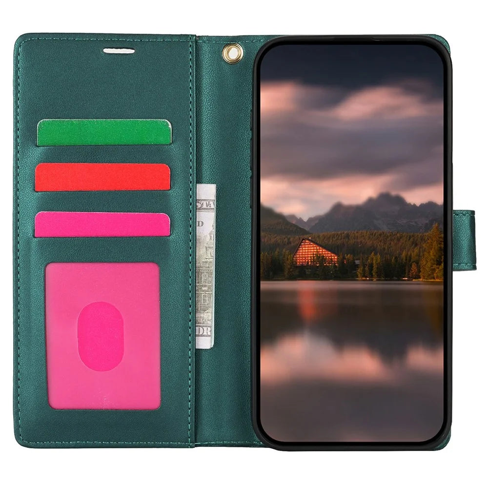 For Samsung Galaxy S25 Case with Hand Strap Flower Imprint Leather Wallet Phone Cover - Green - 2