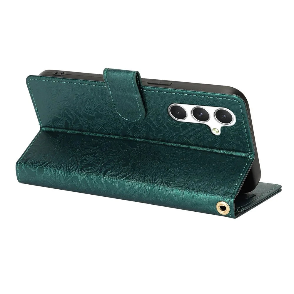 For Samsung Galaxy S25 Case with Hand Strap Flower Imprint Leather Wallet Phone Cover - Green - 3