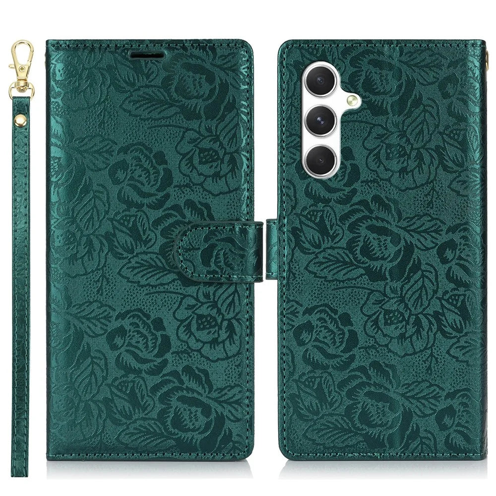 For Samsung Galaxy A25 5G (Global) (161.0 x 76.5 x 8.3mm) Case with Hand Strap Flower Imprint Leather Wallet Phone Cover - Green - 1