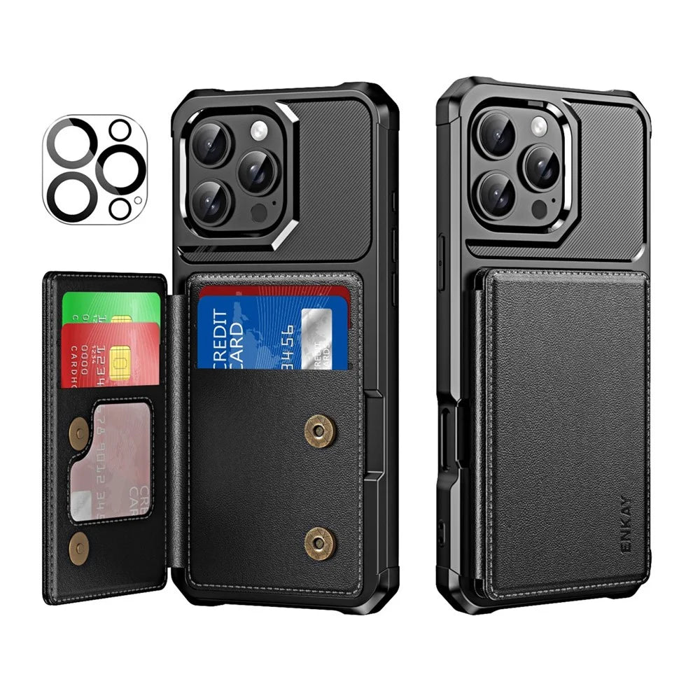 ENKAY For iPhone 14 Pro Max  Hat-Prince Wallet Card Slot Kickstand PU Leather +TPU Back Phone Cover with Camera Lens Film - Black - 1