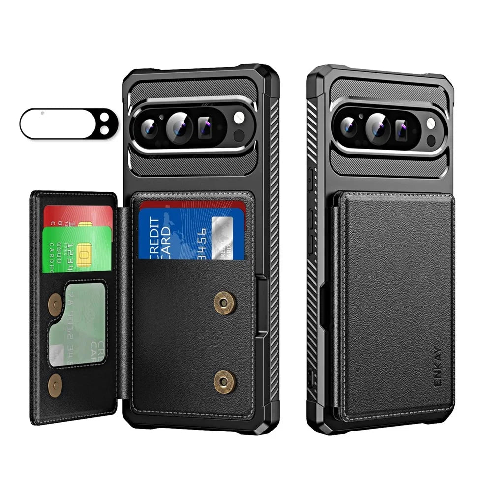 ENKAY For Google Pixel 9 Pro XL  Hat-Prince Wallet Card Slot Kickstand PU Leather +TPU Back Phone Cover with Camera Lens Film - Black - 1