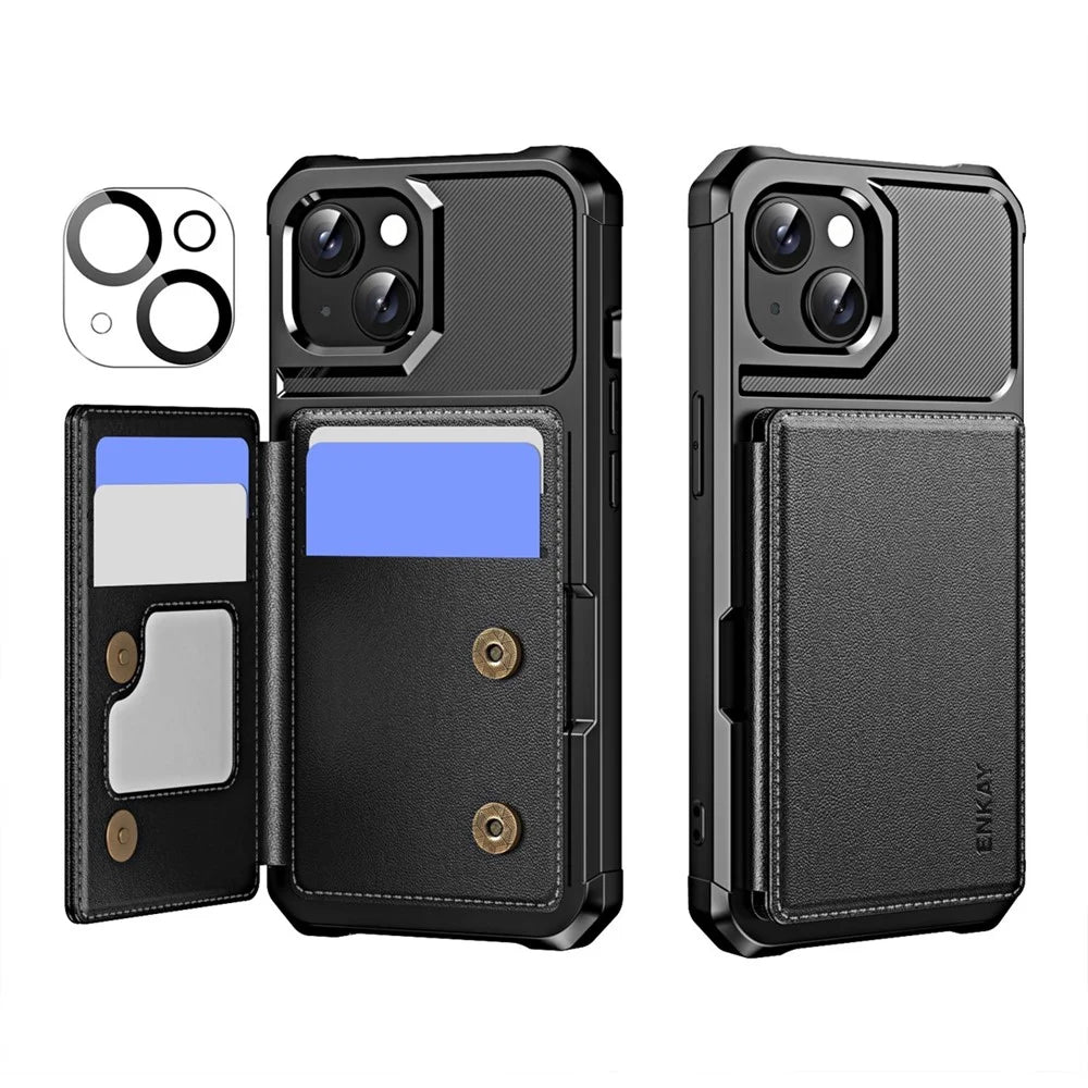 ENKAY For iPhone 15 Plus  Hat-Prince Wallet Card Slot Kickstand PU Leather +TPU Back Phone Cover with Camera Lens Film - Black - 1