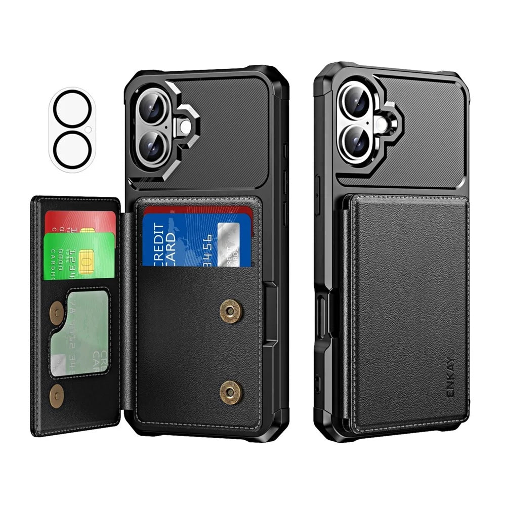 ENKAY For iPhone 16  Hat-Prince Wallet Card Slot Kickstand PU Leather +TPU Back Phone Cover with Camera Lens Film - Black - 1