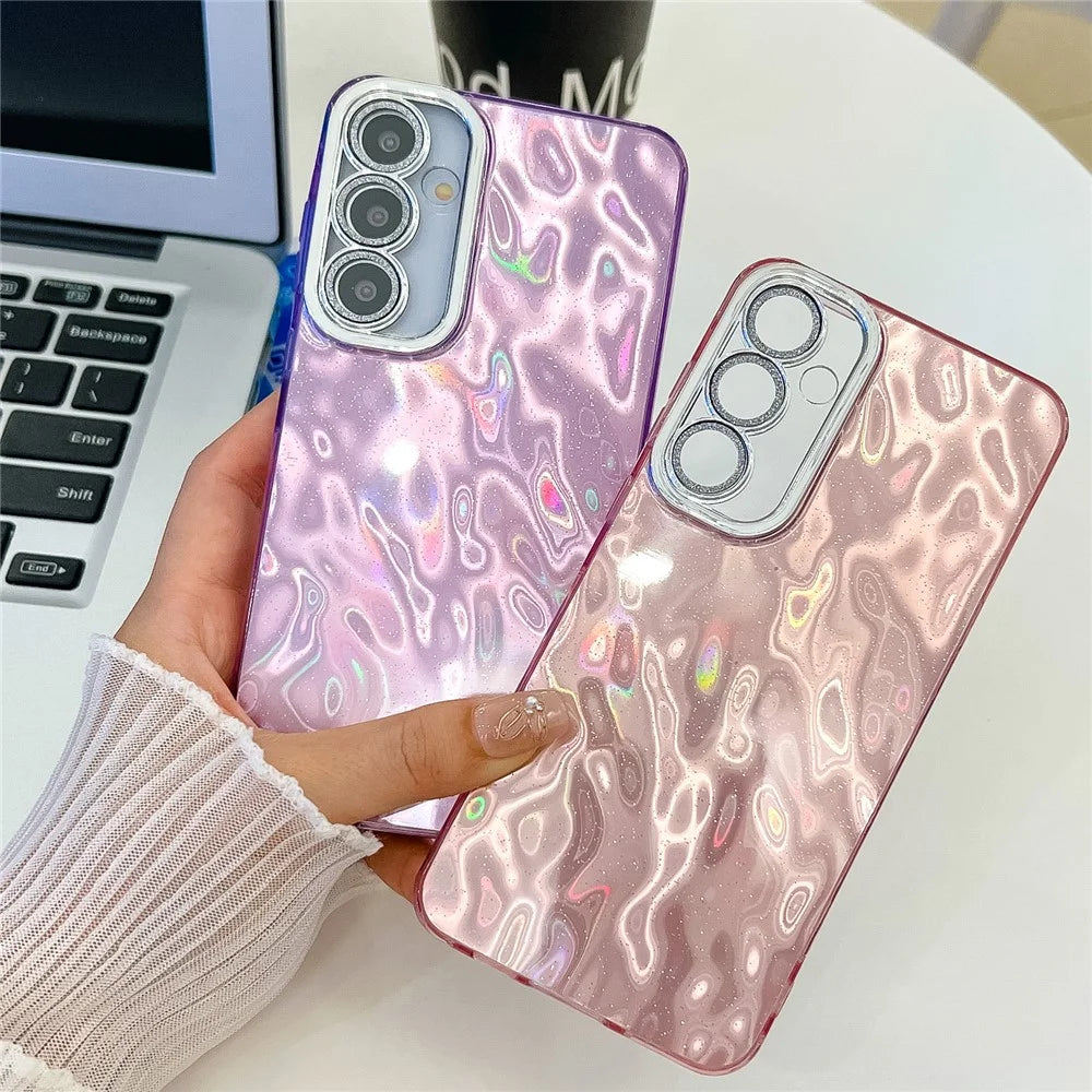 For Samsung Galaxy A36 5G / A56 5G Case IMD Design Shockproof PC+TPU Phone Cover with Glass Lens Film - Wrinkle Pattern / Pink - 3