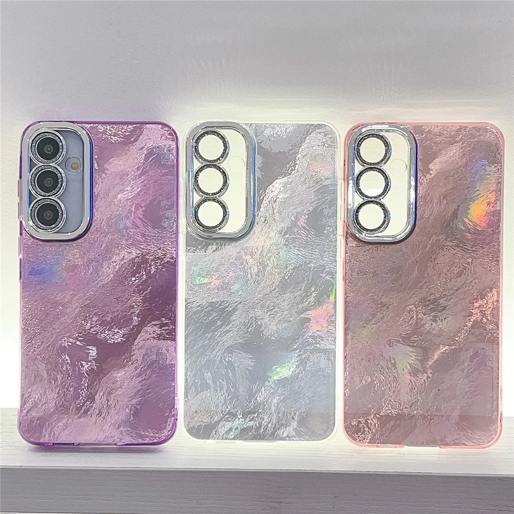 For Samsung Galaxy A36 5G / A56 5G Case IMD Design Shockproof PC+TPU Phone Cover with Glass Lens Film - Wrinkle Pattern / Pink - 7