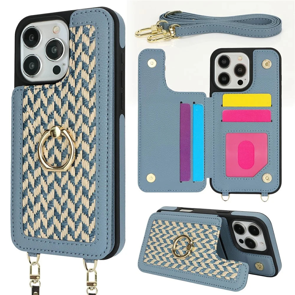 For iPhone 15 Pro Max Case with Card Holder, Kickstand, RFID Blocking PU+TPU Phone Back Cover - Blue - 1