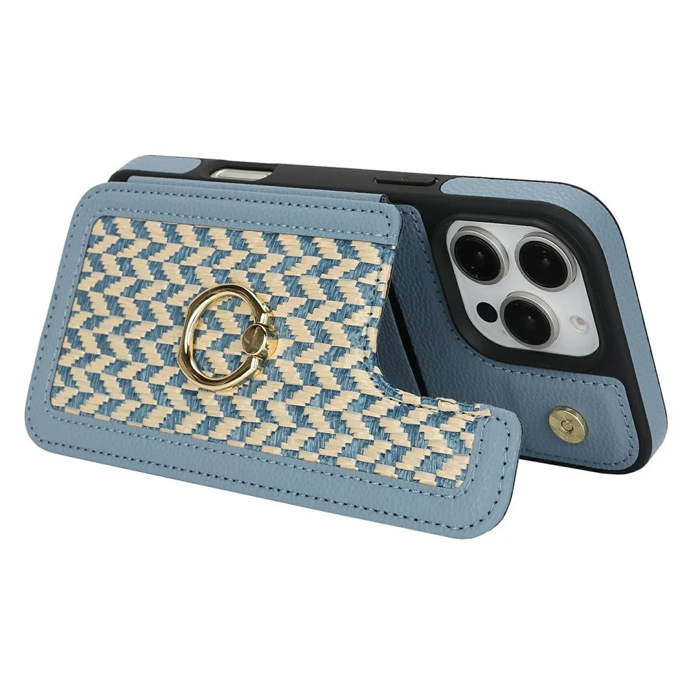 For iPhone 15 Pro Max Case with Card Holder, Kickstand, RFID Blocking PU+TPU Phone Back Cover - Blue - 3