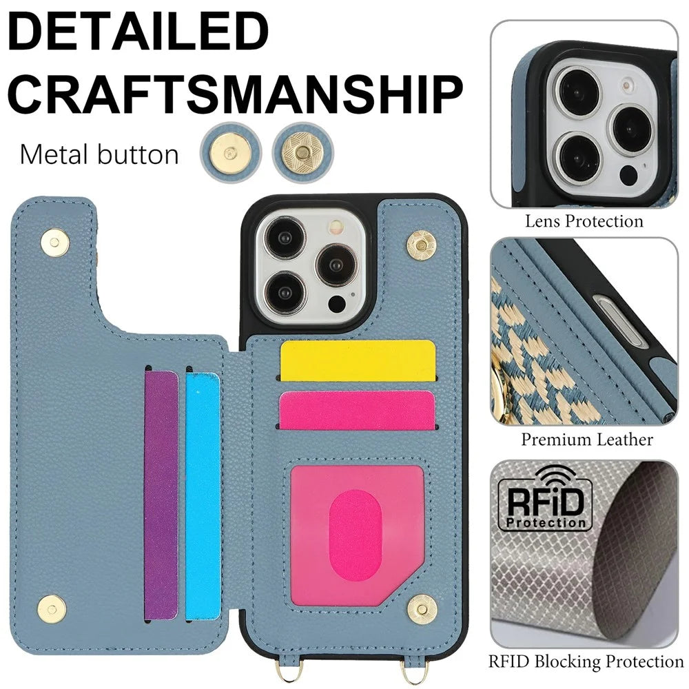For iPhone 15 Pro Max Case with Card Holder, Kickstand, RFID Blocking PU+TPU Phone Back Cover - Blue - 5