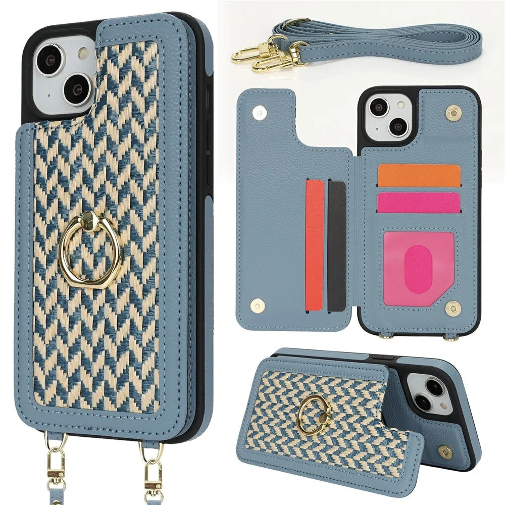 For iPhone 14 Plus  /  15 Plus Case with Card Holder, Kickstand, RFID Blocking PU+TPU Phone Back Cover - Blue - 1