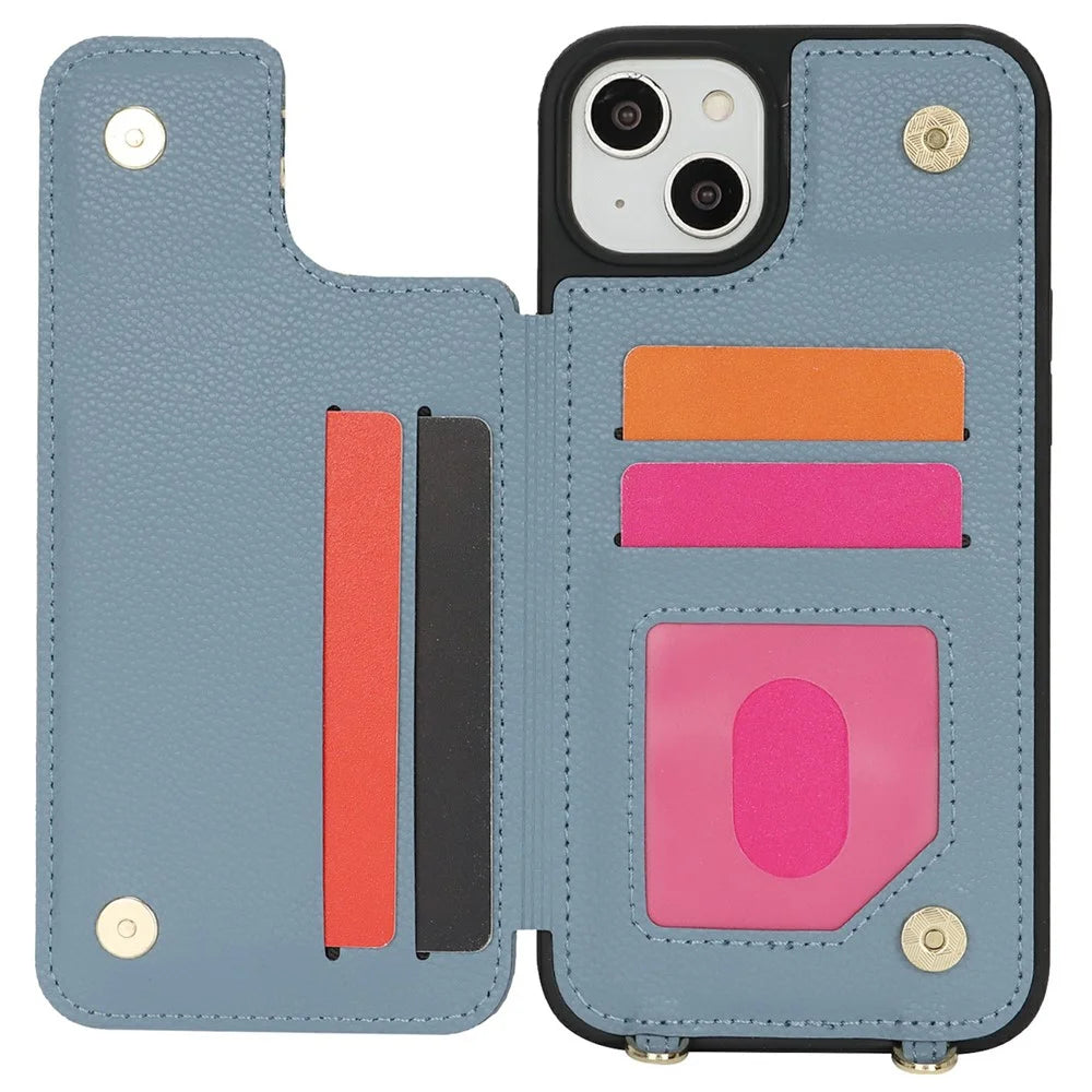 For iPhone 14  /  13 Case with Card Holder, Kickstand, RFID Blocking PU+TPU Phone Back Cover - Blue - 2