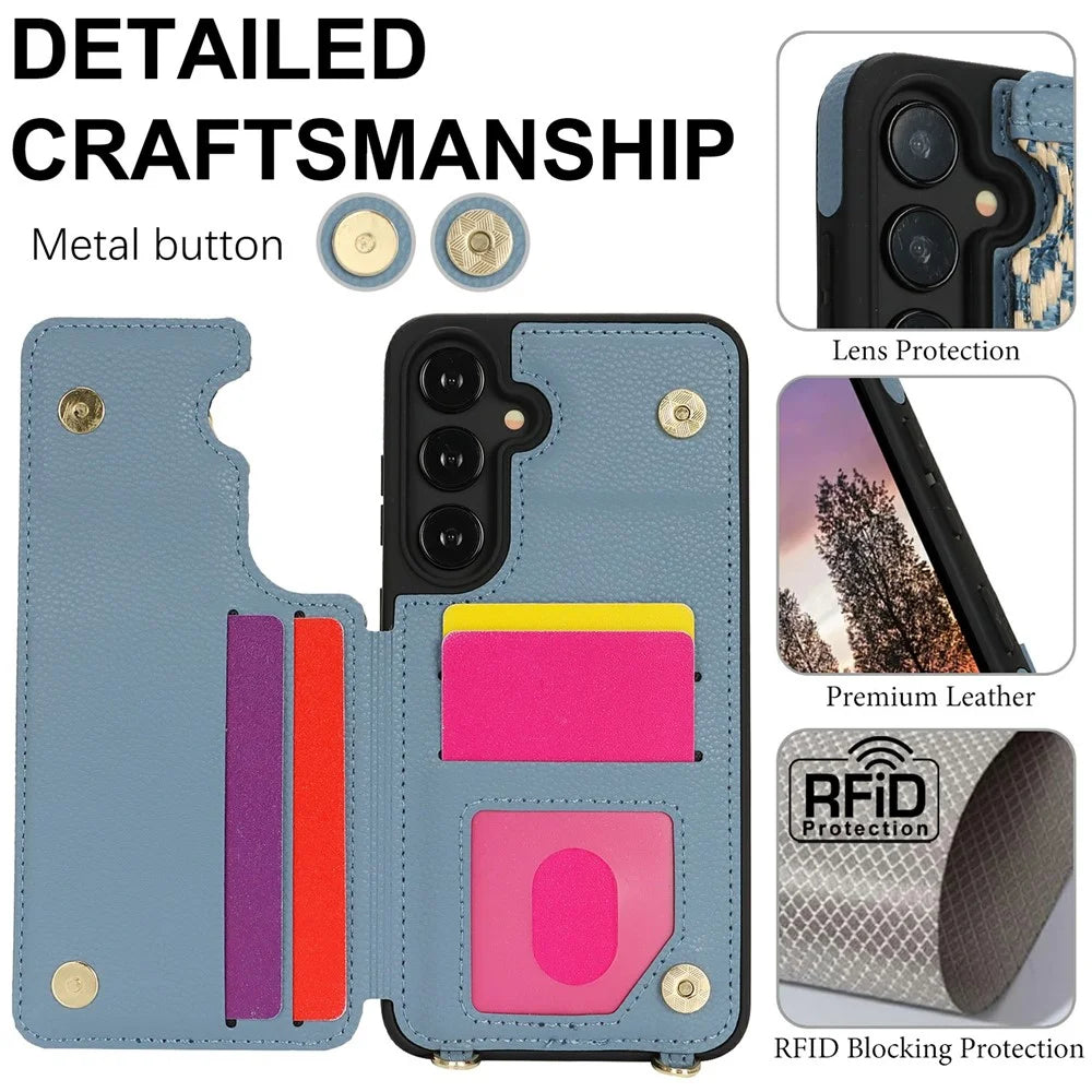 For Samsung Galaxy A55 5G Case with Card Holder, Kickstand, RFID Blocking PU+TPU Phone Back Cover - Blue - 5