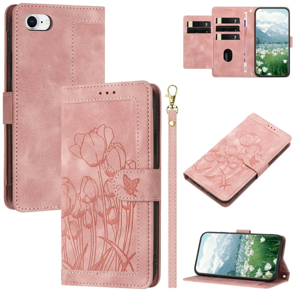 Leather Case for iPhone SE (2022) / SE (2020) / 8 / 7 / 6s / 6 Tulip Phone Cover with 5 Card Slots Wallet - Pink - 1