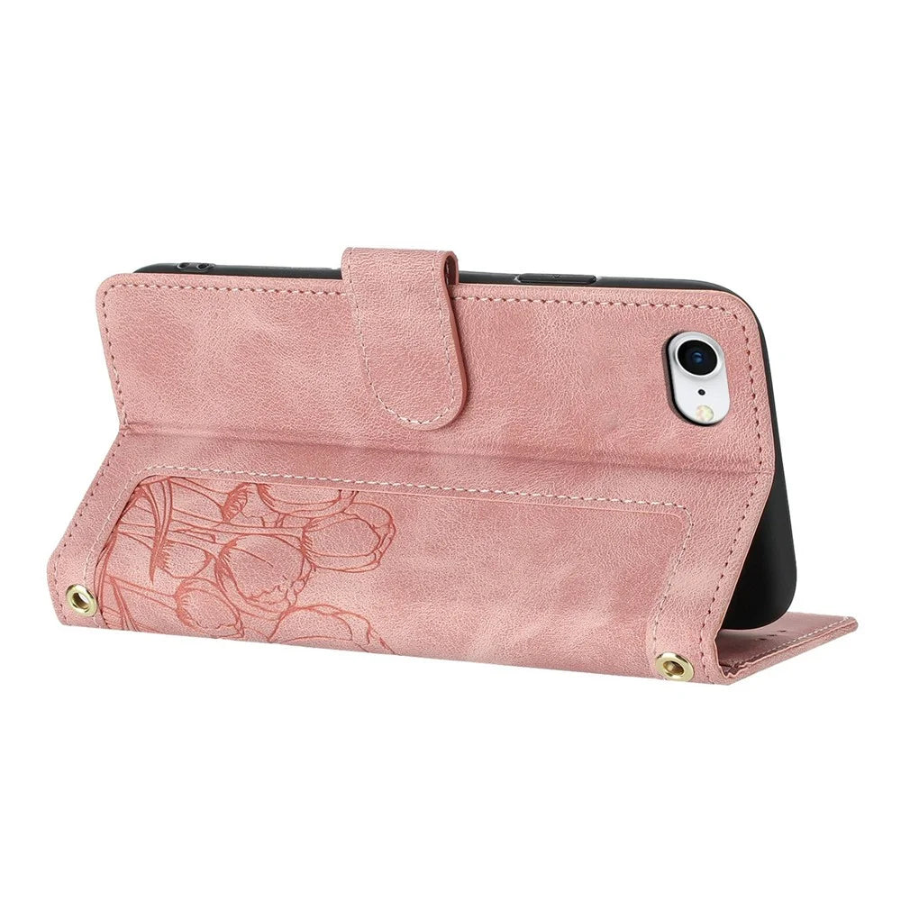 Leather Case for iPhone SE (2022) / SE (2020) / 8 / 7 / 6s / 6 Tulip Phone Cover with 5 Card Slots Wallet - Pink - 2