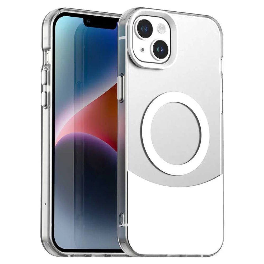 For iPhone 15 Plus / 14 Plus Case Compatible with MagSafe Color Splicing IMD TPU+PET+PC Mobile Cover - White - 1