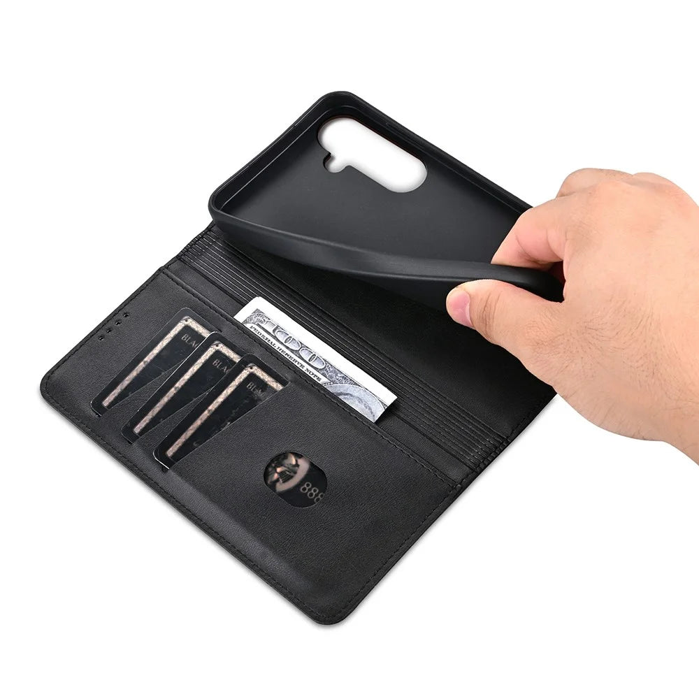AZNS For Samsung Galaxy S25+ Case Cowhide Texture PU Leather Wallet Phone Cover - Black - 6