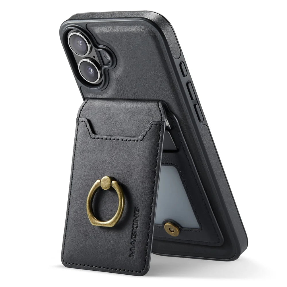 MAGKING K1 Series For iPhone 16 Plus Magnetic Case PC+TPU+PU Phone Cover with Card Holder Kickstand - Black - 3