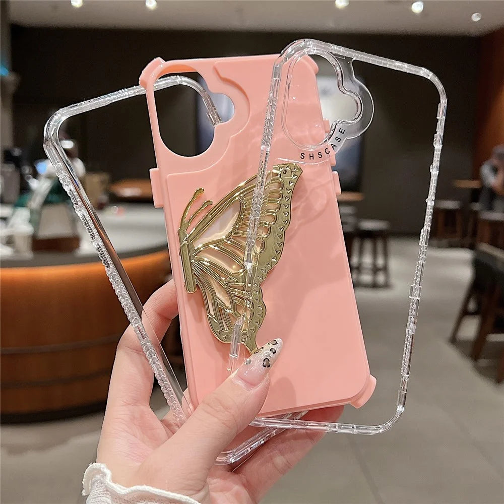 For iPhone 16 Plus Case Butterfly Kickstand TPU+PC Drop-Proof Phone Cover - Pink - 3