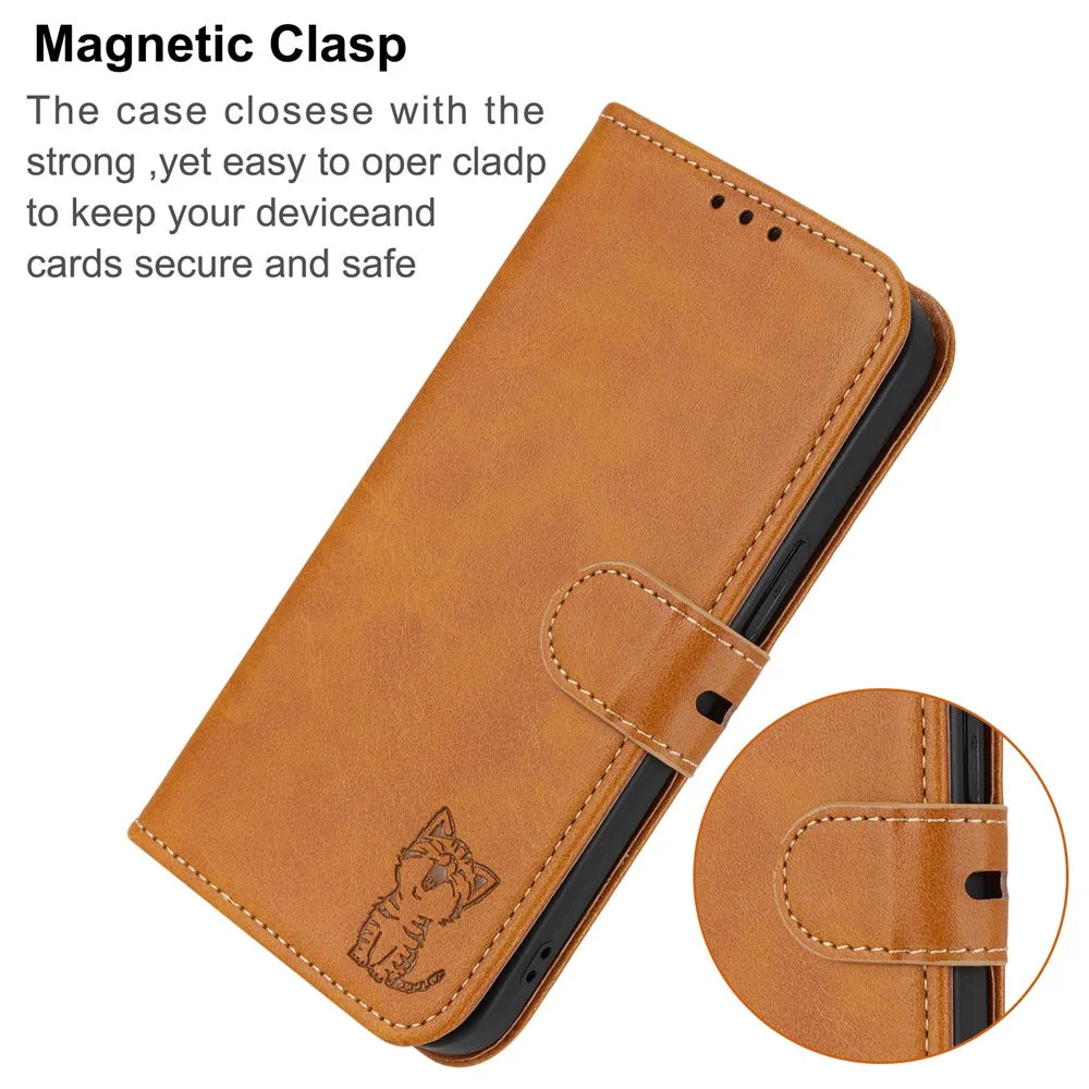 For Samsung Galaxy S25 Case Happy Cat Pattern Imprinted Leather Wallet Phone Cover - Yellow - 6