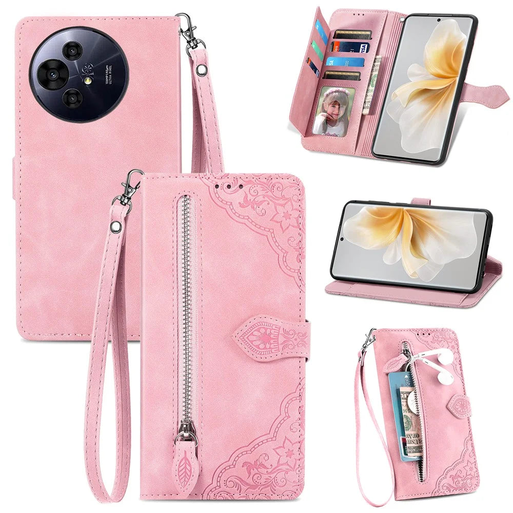 For TCL 50 Pro Nxtpaper 5G Zipper Wallet Case with Strap Flower Imprint PU Leather Phone Cover - Pink - 1