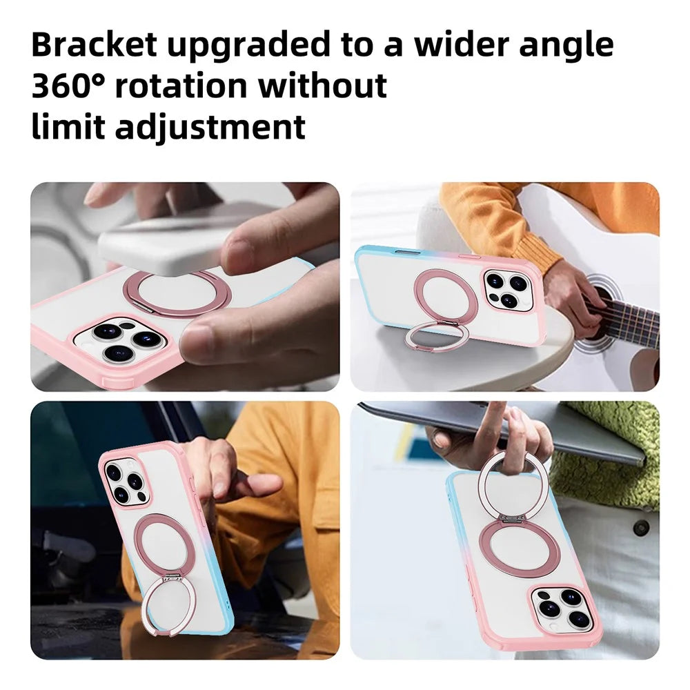 For iPhone 16 Pro Max Case Compatible with MagSafe Ring Kickstand TPU+PC Back Cover - Gradient Pink Blue - 4