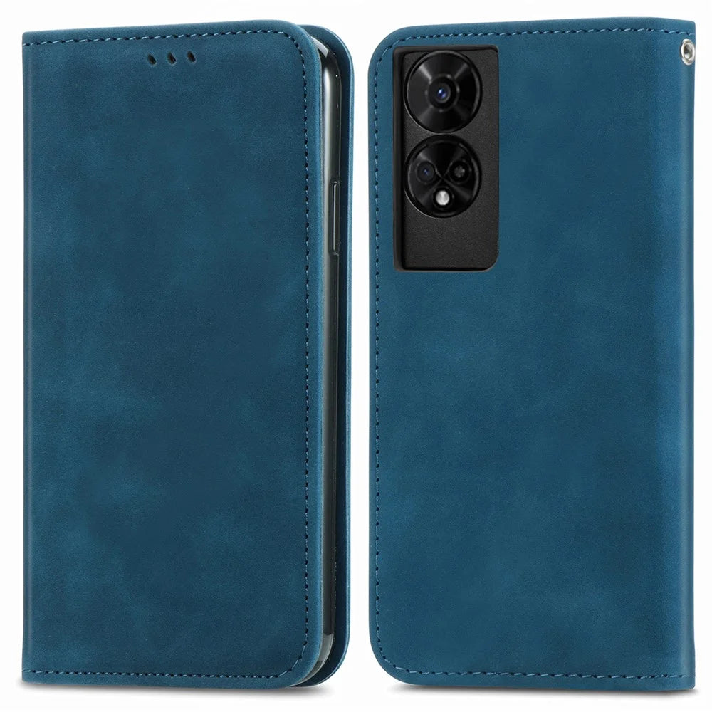 For TCL 50 5G Case Skin Touch Feeling Leather Card Holder Phone Cover Magnetic Absorption - Dark Blue - 1